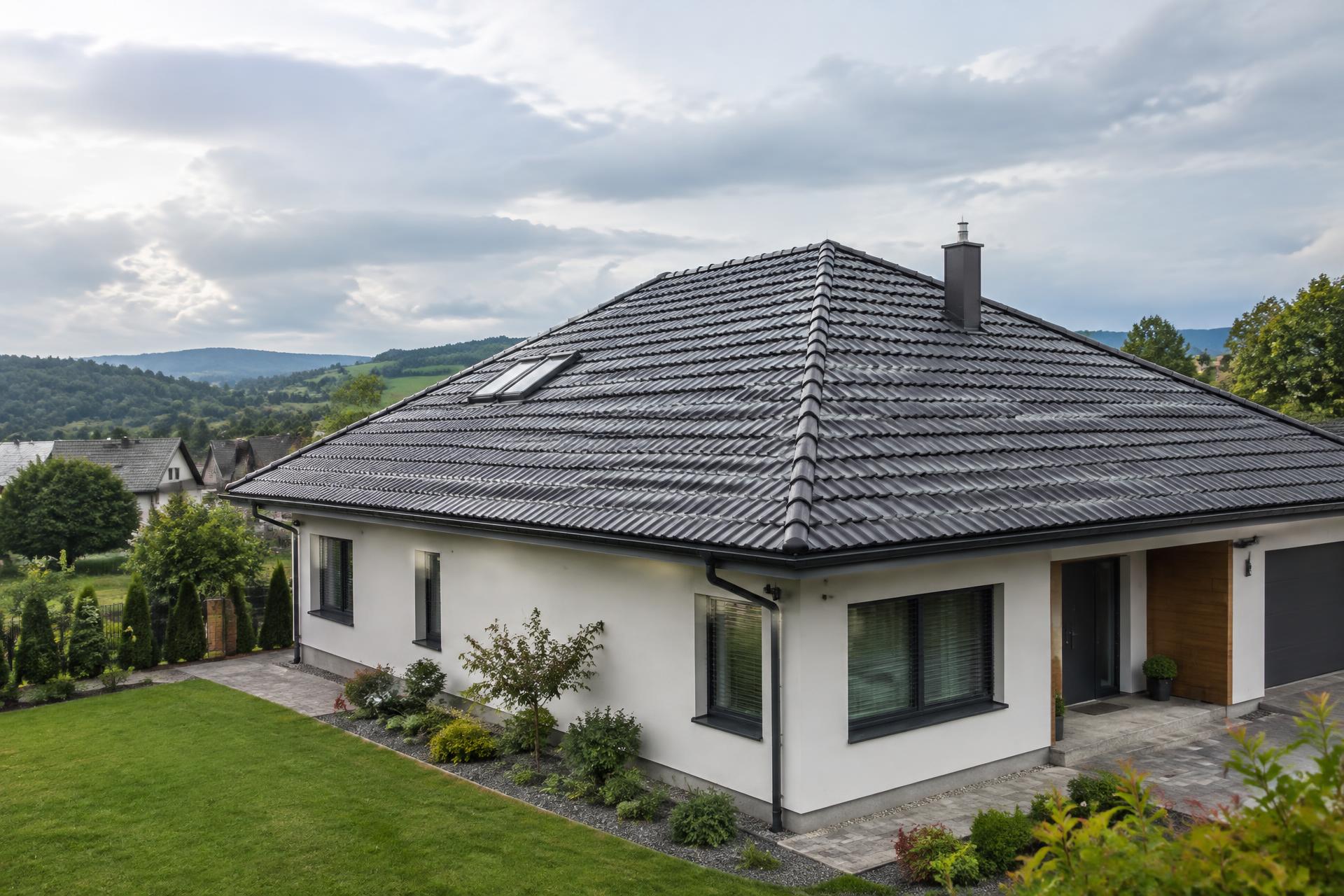 Tmavá škridlová strecha slovenského rodinného domu